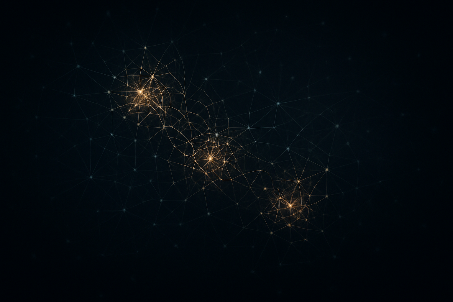 Абстрактна ілюстрація силового поля влади: темний фон, мережа світлих вузлів і ліній із кількома щільними золотистими кластерами, що символізують корупційні скупчення зв’язків.