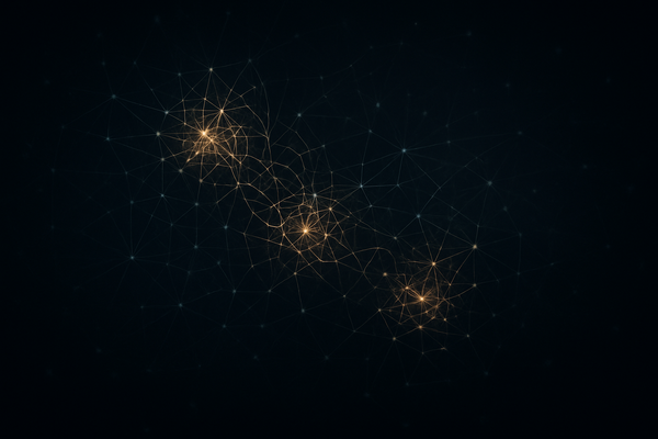 Абстрактна ілюстрація силового поля влади: темний фон, мережа світлих вузлів і ліній із кількома щільними золотистими кластерами, що символізують корупційні скупчення зв’язків.